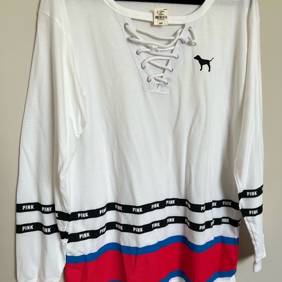 PINK Victoria’s Secret White Varsity Stripe Lace Up Long Sleeve Top Size Medium - Picture 4 of 8